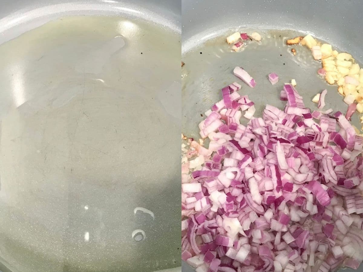 A pan is with oil, chopped onions, and garlic over the heat.