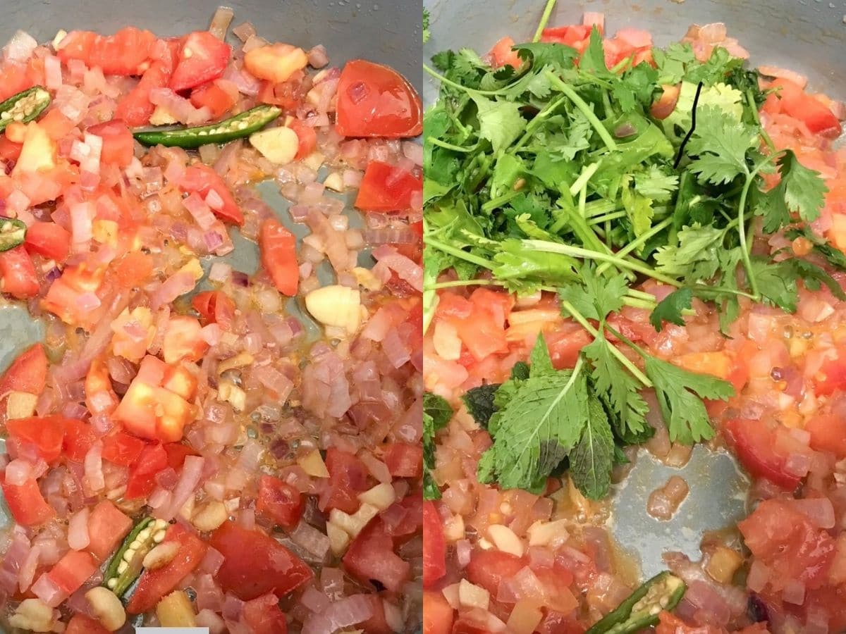 A pan is with tomatoes and chilies over the heat