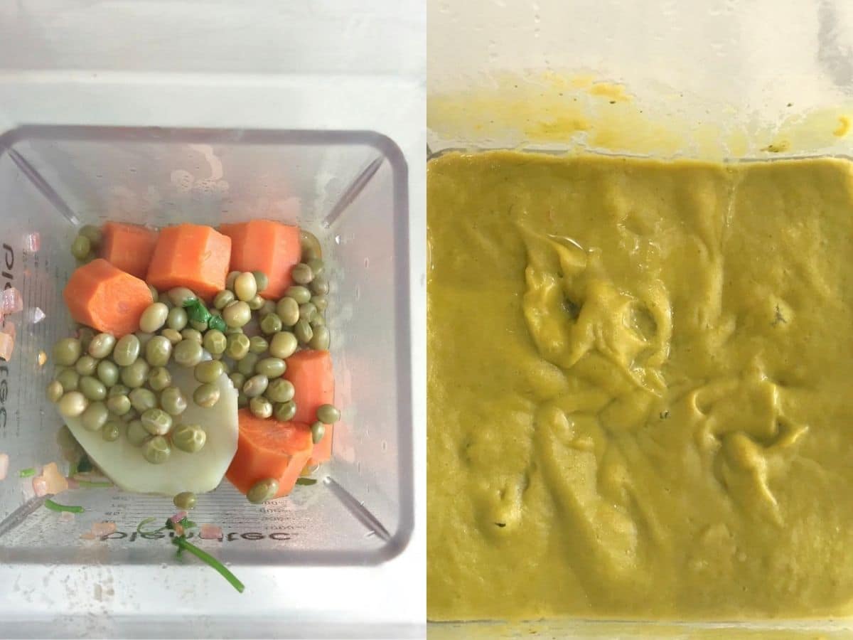 A blender is filled with peas and vegetables for gravy