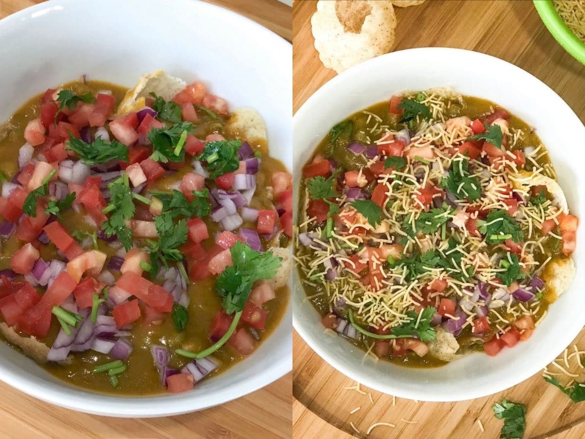 A close up of bowl with masala puri chaat