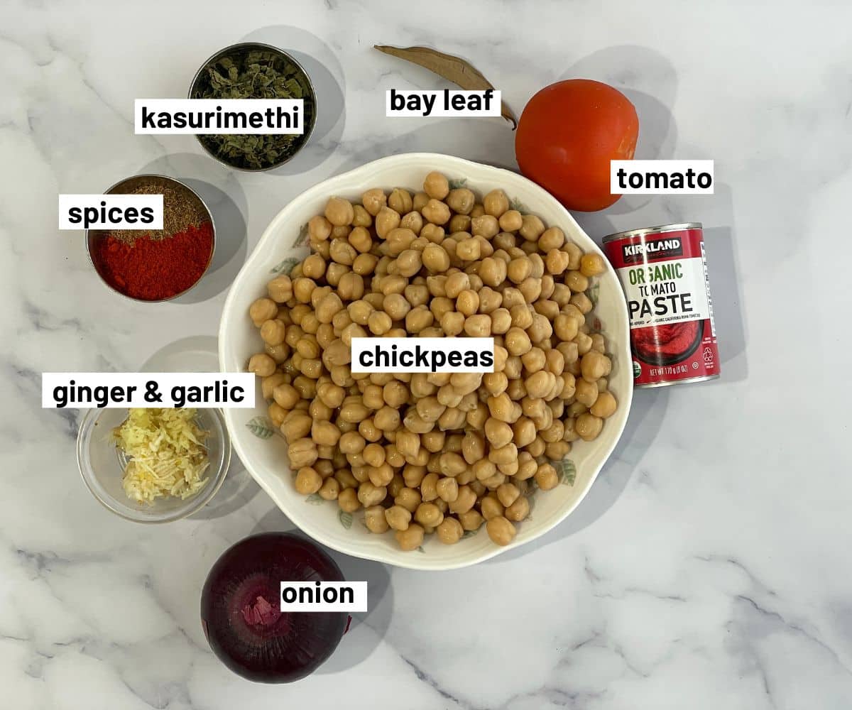 Vegan Chana masala ingredients are on the table.