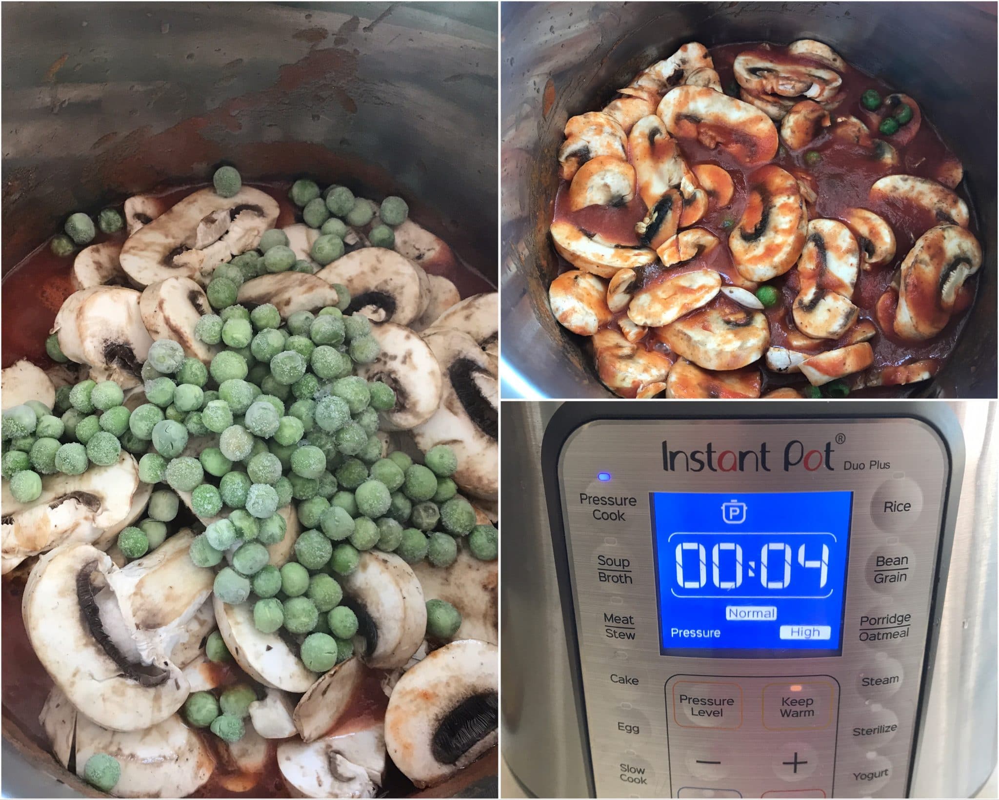 An instant pot filled with mushroom and peas with gravy
