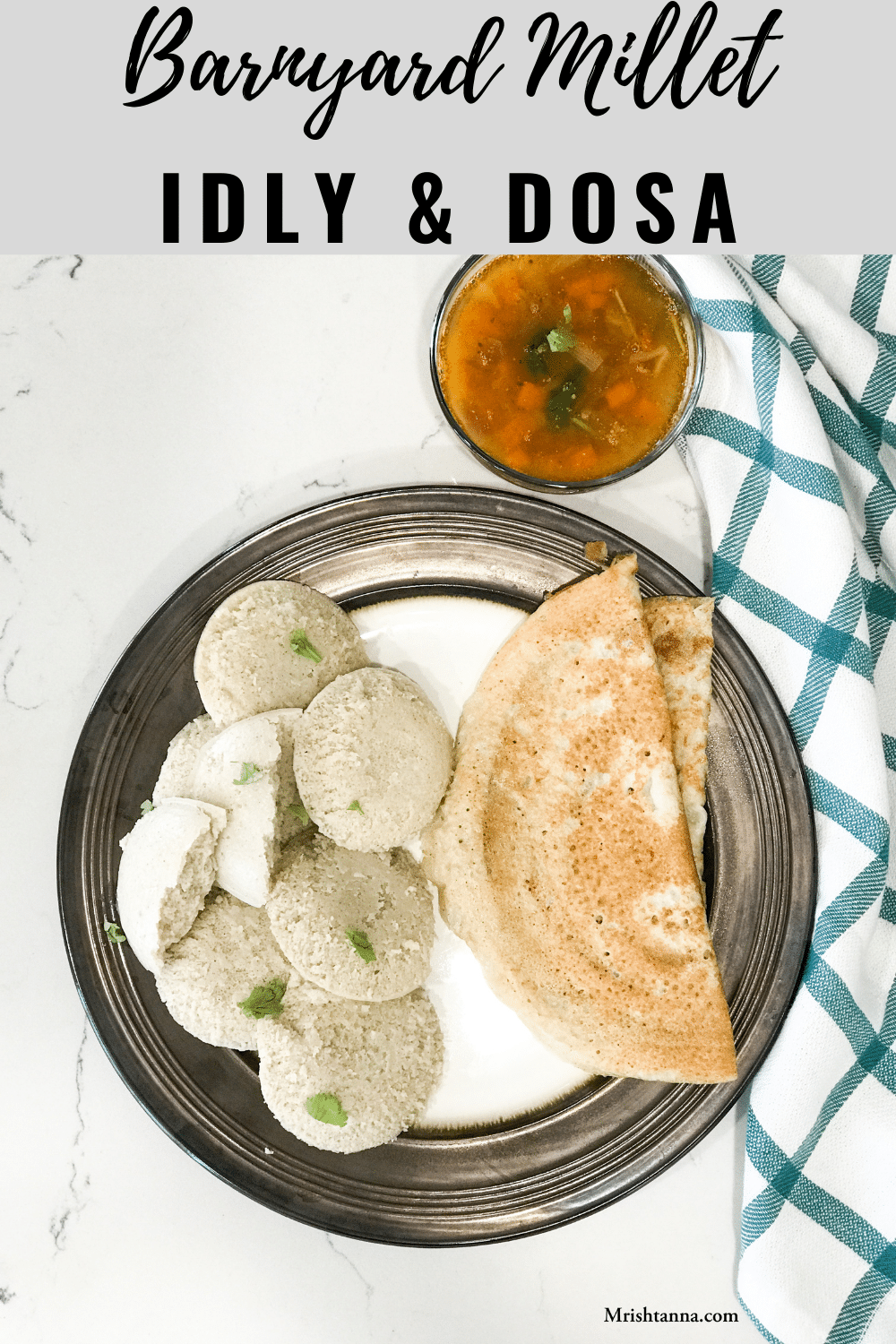 A plate full of millet idli and dosa, along with sambar