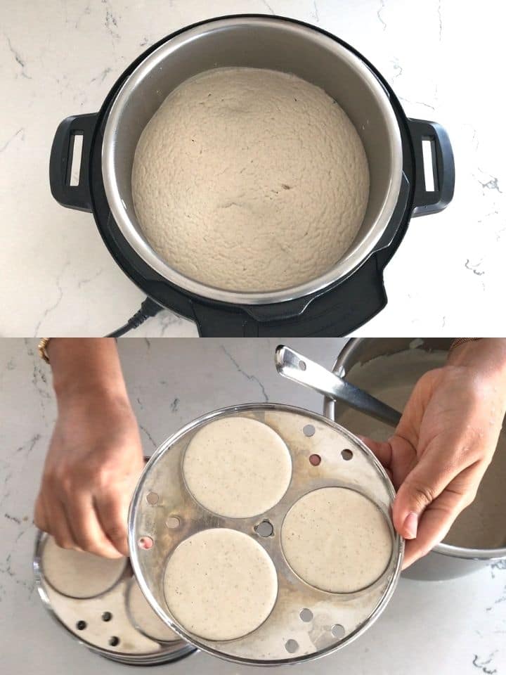 Fermented batter and idli molds filled with batter