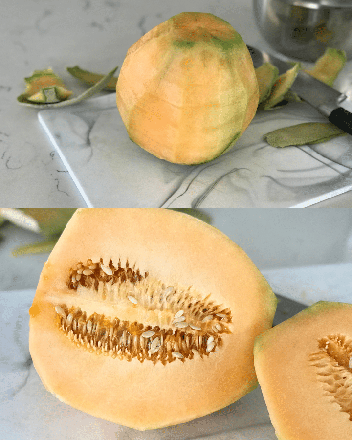 A melon and a plate of food on a table, with Cantaloupe