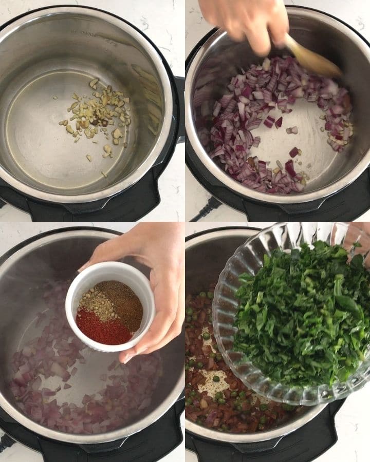 a box filled with spices, onions, and spinach, along with instant pot