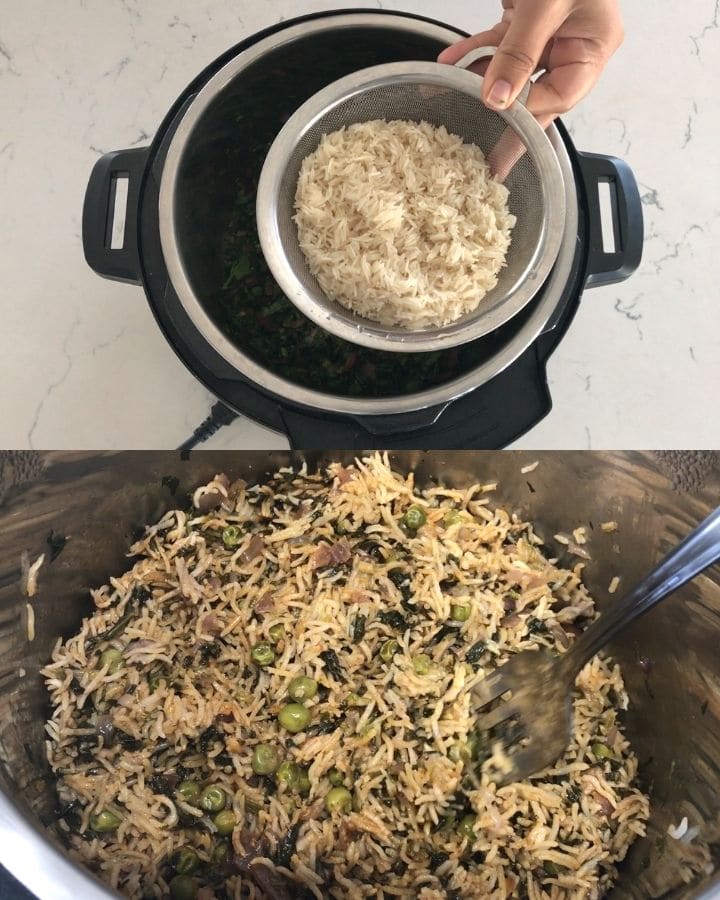 A box filled with rice, instant pot and spinach