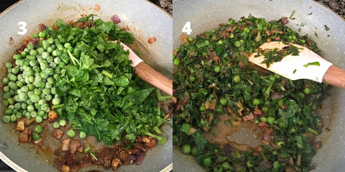 A pan is with frozen peas and spinach leaves over the heat