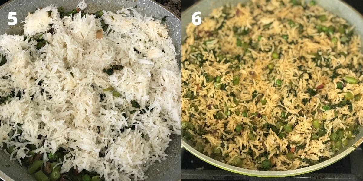 A pan is with palak rice over the heat