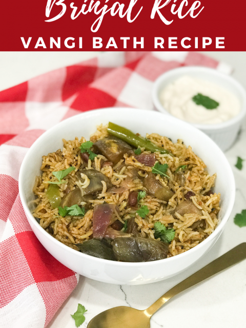 A bowl of brinjal rice placed on the white table along with spoon