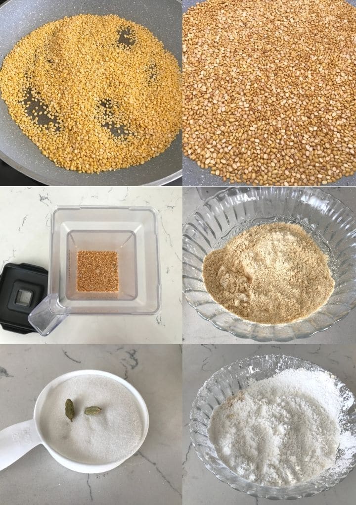 all the ingredients placed for moong laddus on the flat surface