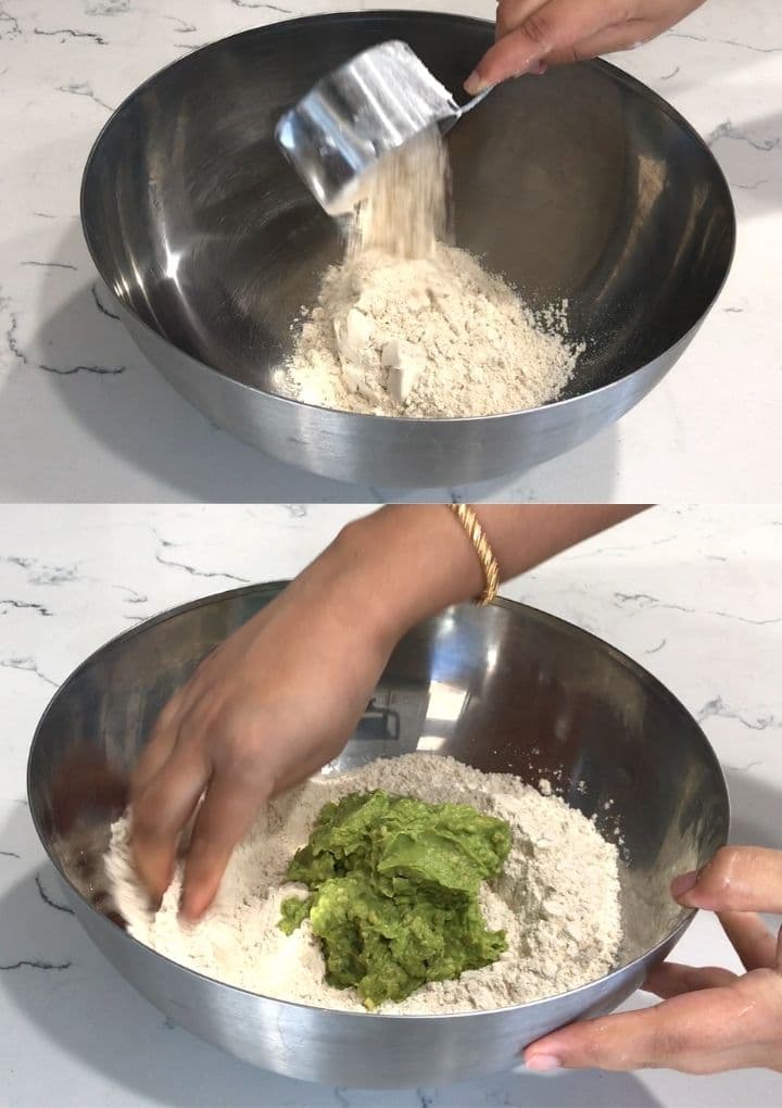 A bowl of wheat flour and mashed avocados