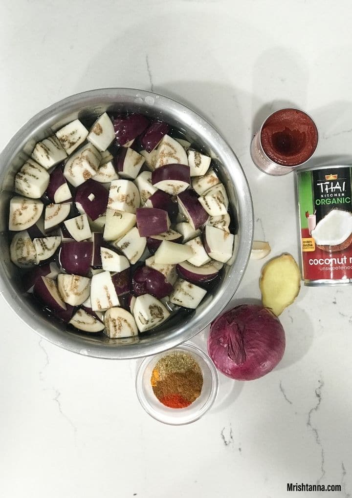 Eggplant, onion, coconut milk and other ingredients are placed on the flat surface