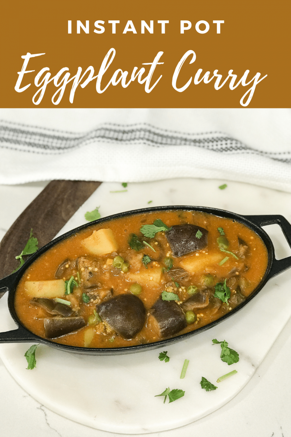 A bowl filled with eggplant currry and topped with cilantro