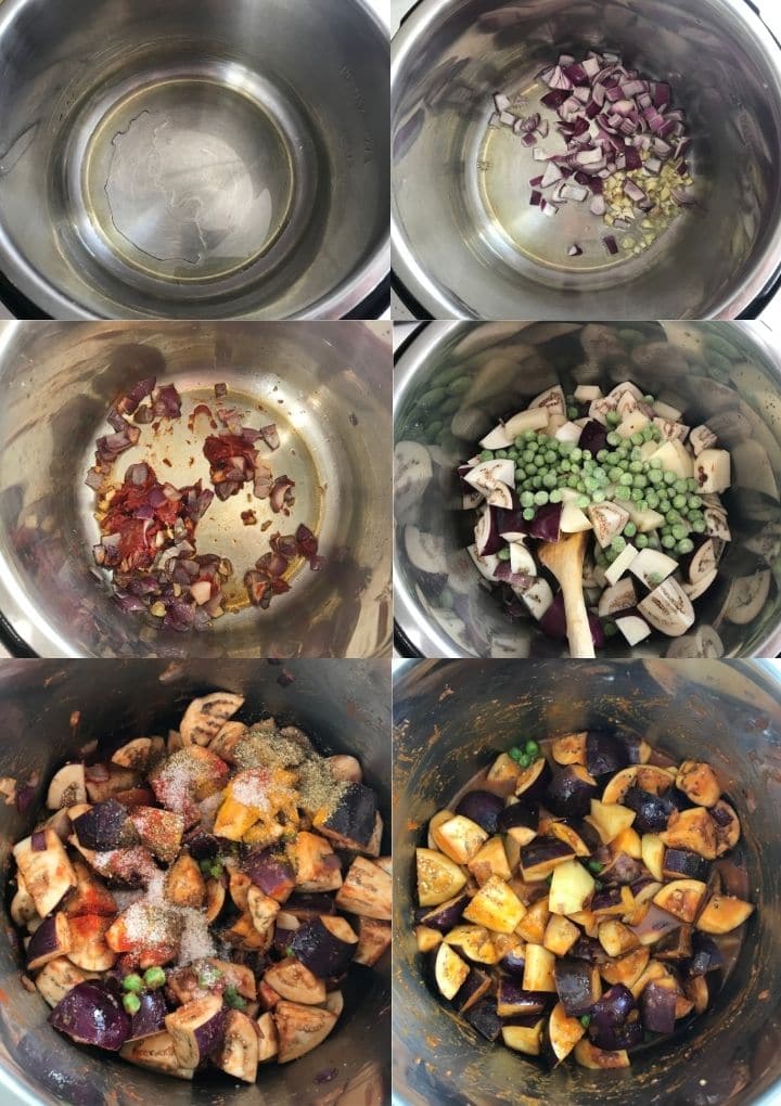 An instant pot filled with eggplant and other ingredients for curry