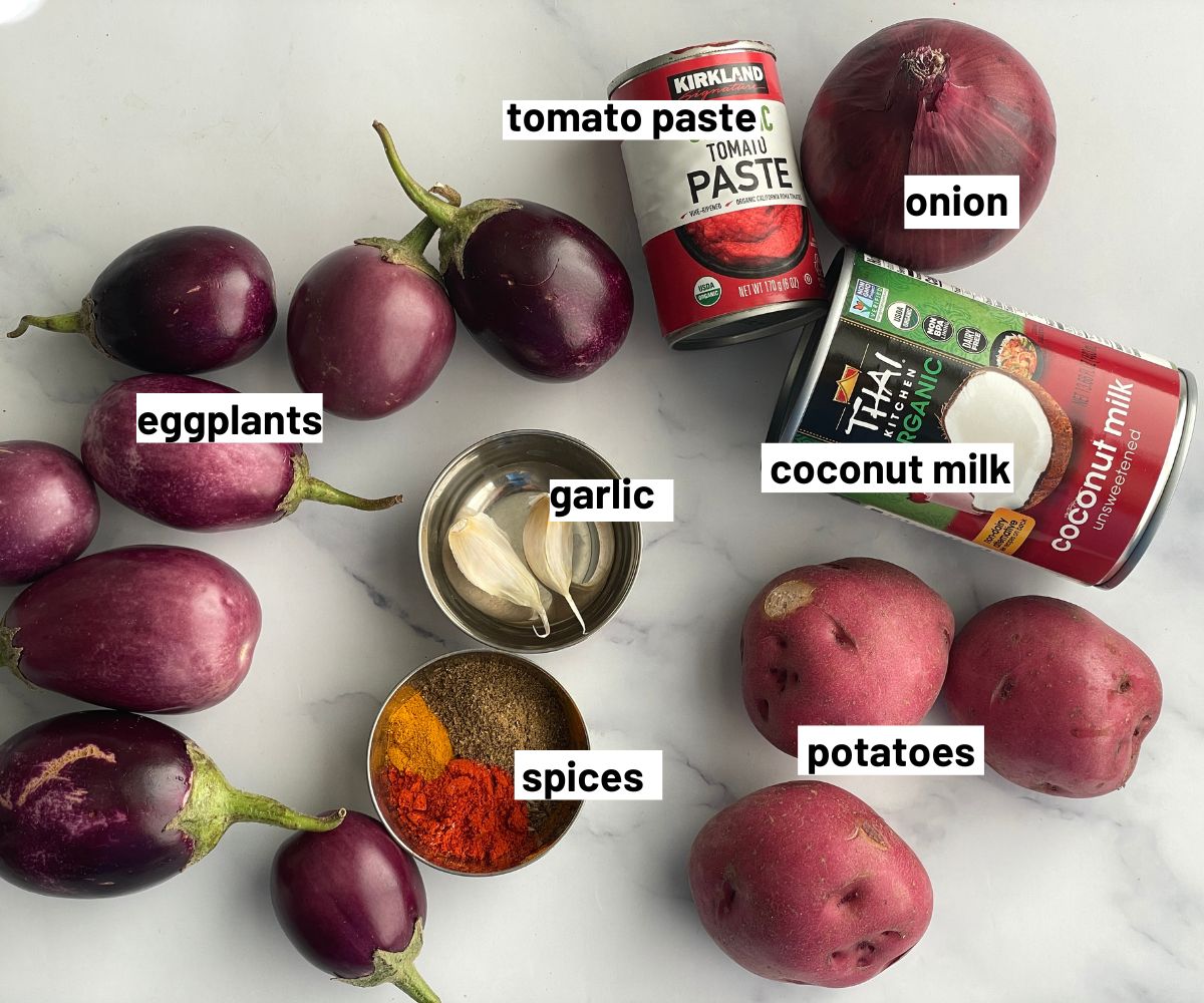 Eggplant curry ingredients are on the table.