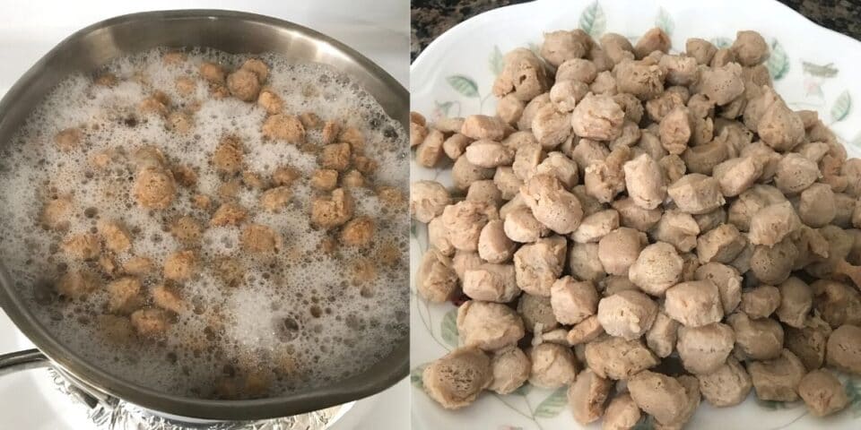 A bowl is filled with water and soya chunks and its on the heat