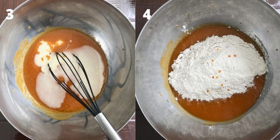 A close up of bowl with pumpkin puree