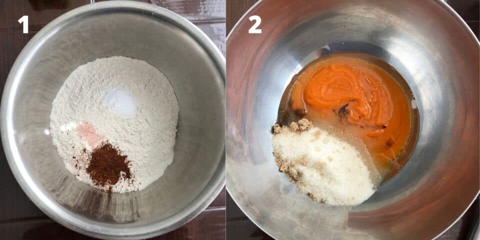 A close up of bowl with flour and wet ingredients