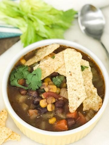 A bowl of vegan tortilla soup with chips on top
