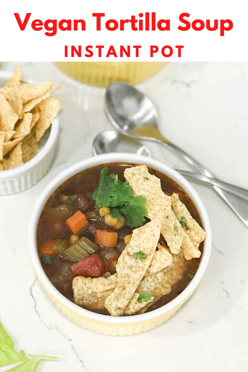 A bowl of tortilla soup on topped with tortilla chips and cilantro