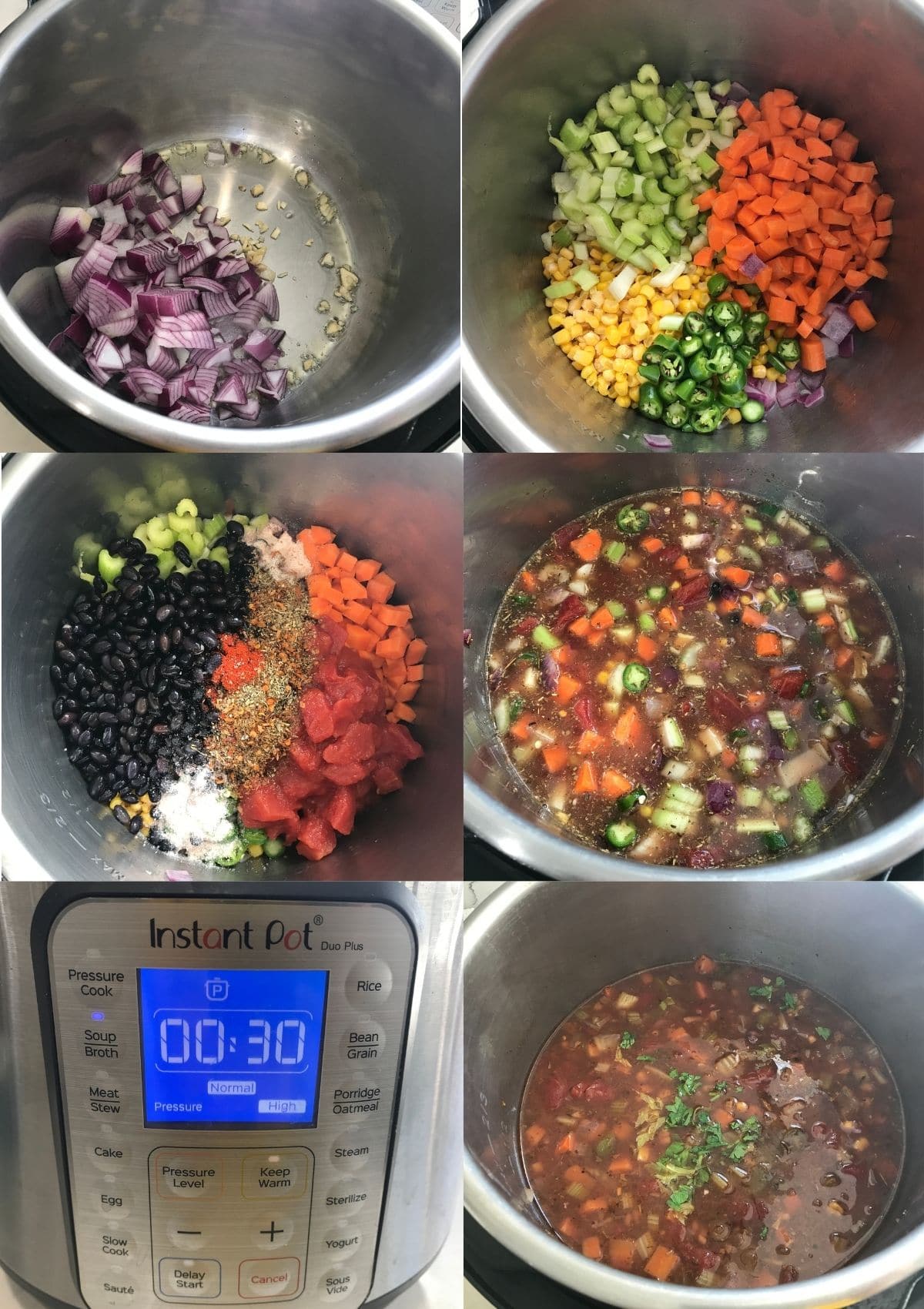 An instant Pot filled with all the ingredients for tortilla soup along with broth