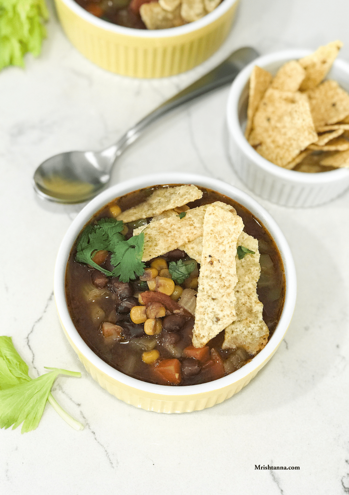 A bowl filled with tortilla soup and topped with tortilla chips