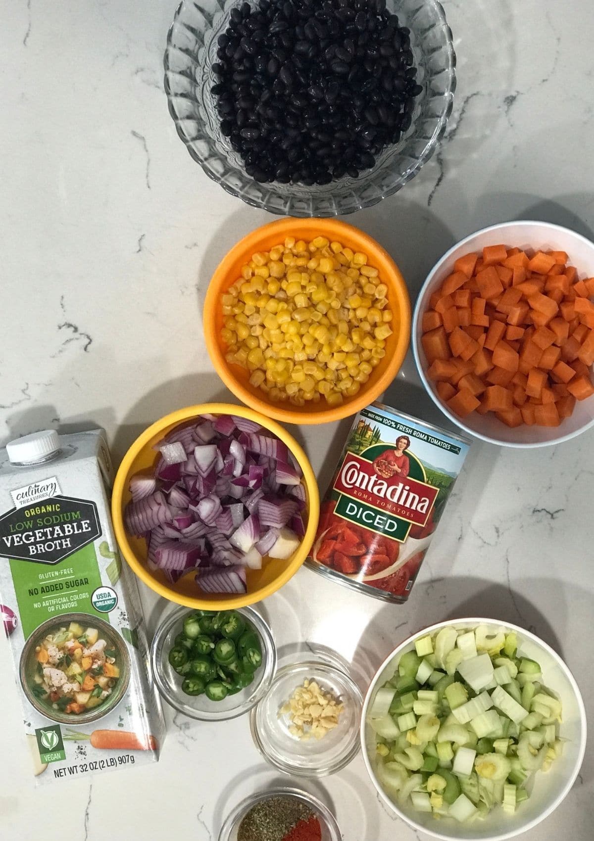 Black bean, vegetables, broth, and all other ingredients for tortilla soup