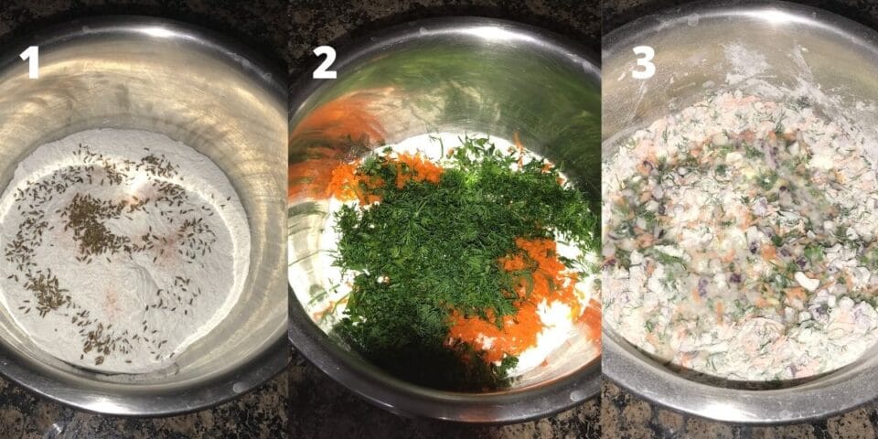 A bowl of rice flour, onions and spices