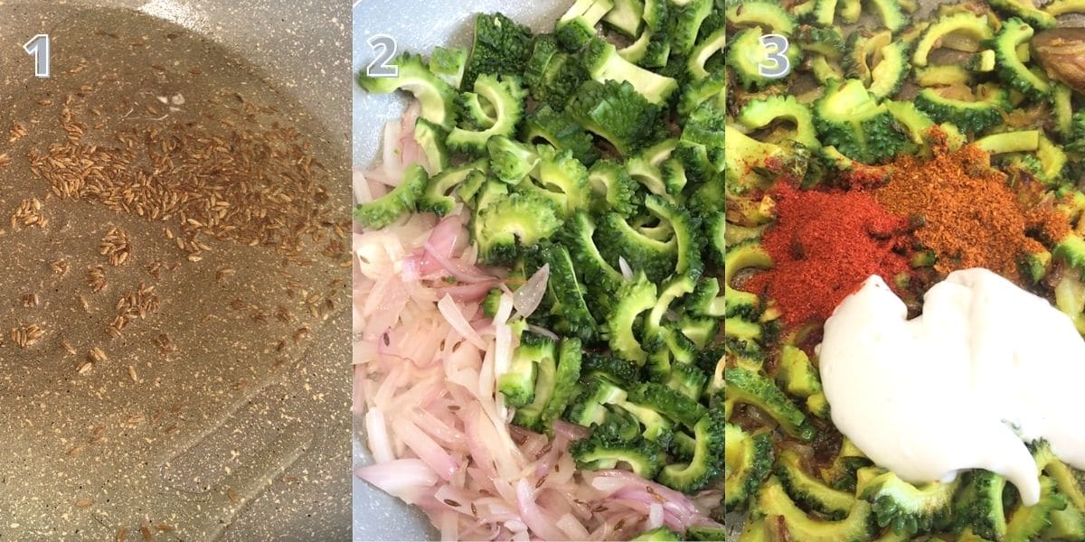 A pan is filled with onions, cumin seeds and bitter gourd