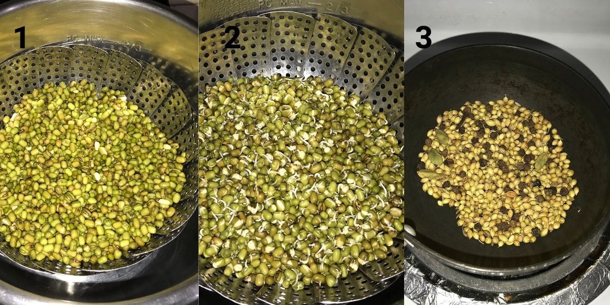 Mung beans are placed inside the steamer