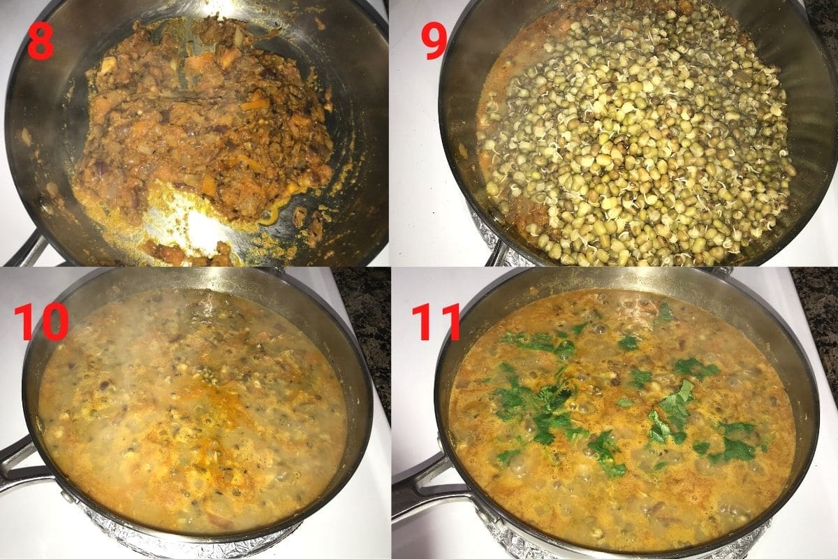 A pan with spices, mung bean and cilantro