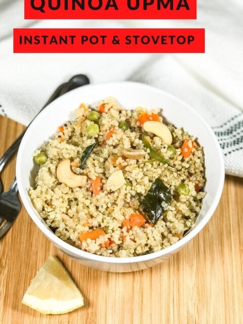 A bowl of quinoa Upma Placed on the wooden serving tray