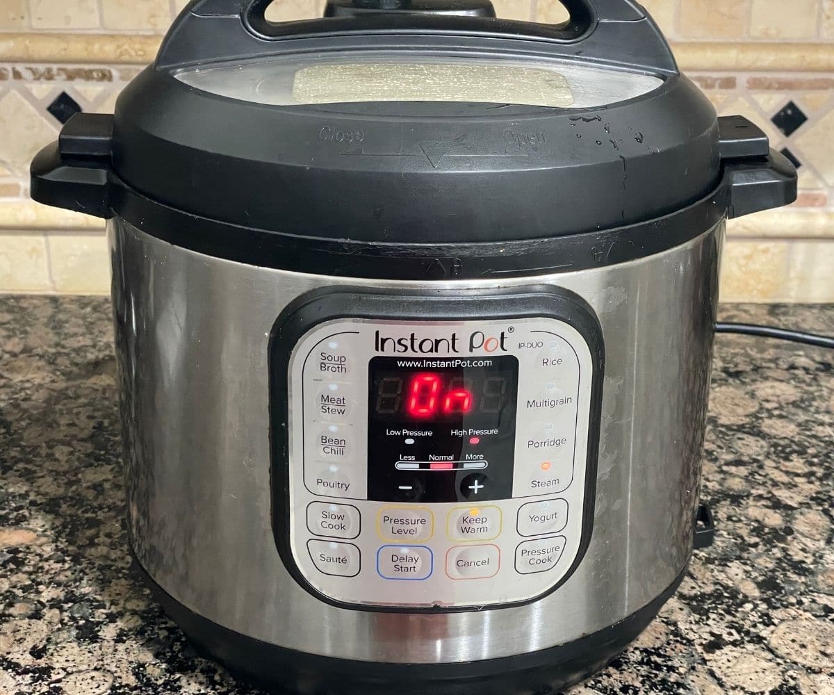 An instant pot is with steaming idli batter.