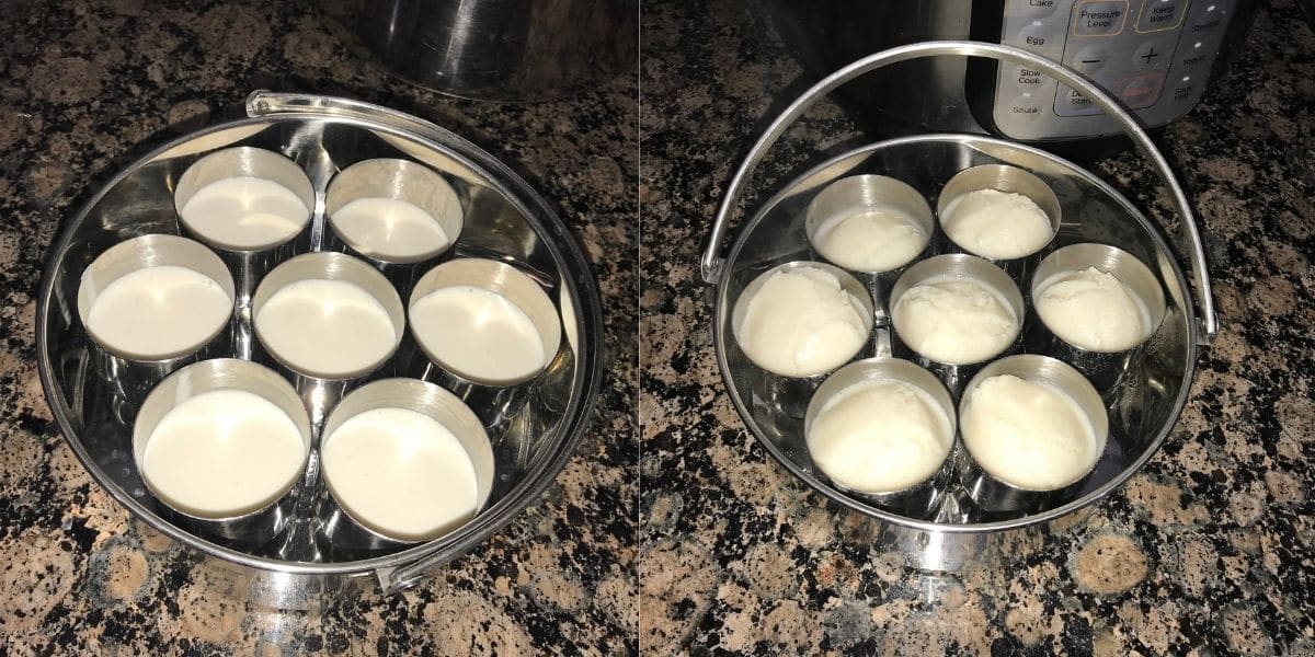 A pan with egg bite molds are filled with idli batter