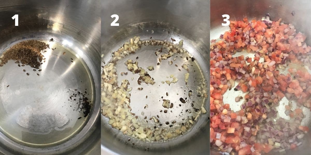 An instant pot filled with oil, cumin seeds, onions and tomatoes