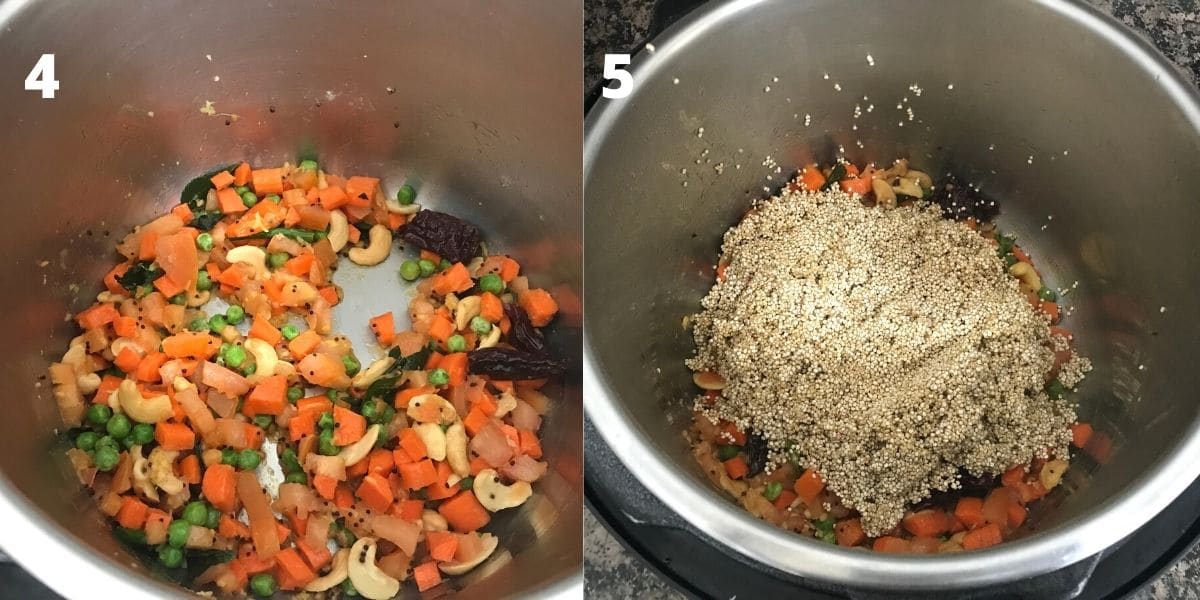 An instant pot filled with carrots and rinsed quinoa