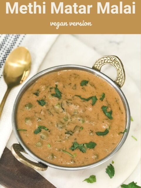 Methi matar masala is placed over the copper bowl and it is topped with cilantro