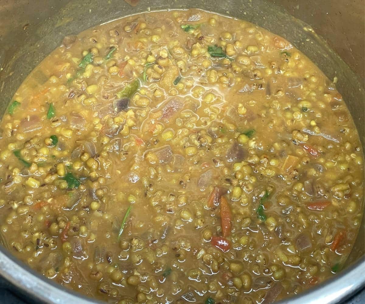 An instant pot is with green moong dal.