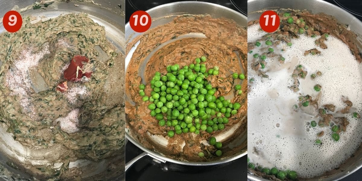 pan is filled with peas, and cashew paste for curry