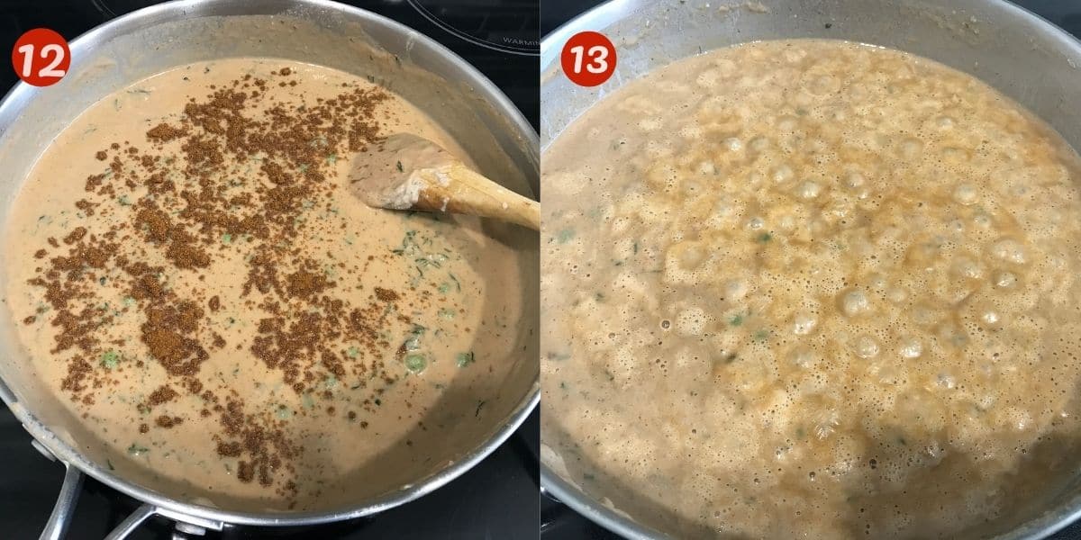 A pan is placed on the medium heat and filled with methi matar curry