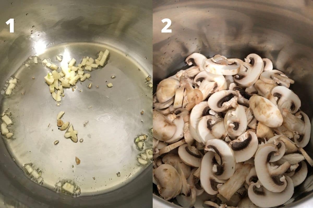 An instant pot is filled with sauteed garlic and mushrooms