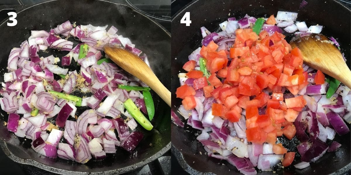 A cast iron pan is filled with chopped onions and tomatoes over the heat