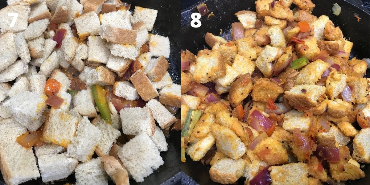 A pan is with pieces of bread and vegetables over the medium heat