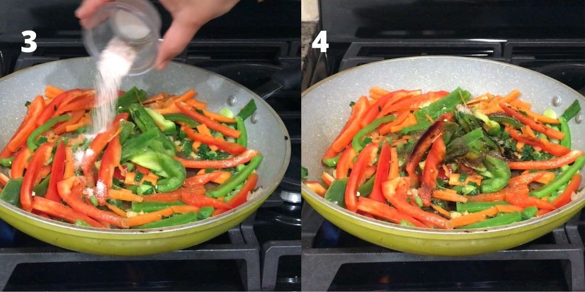 A pan with vegetables, salt, soy sauce and chili paste over the heat