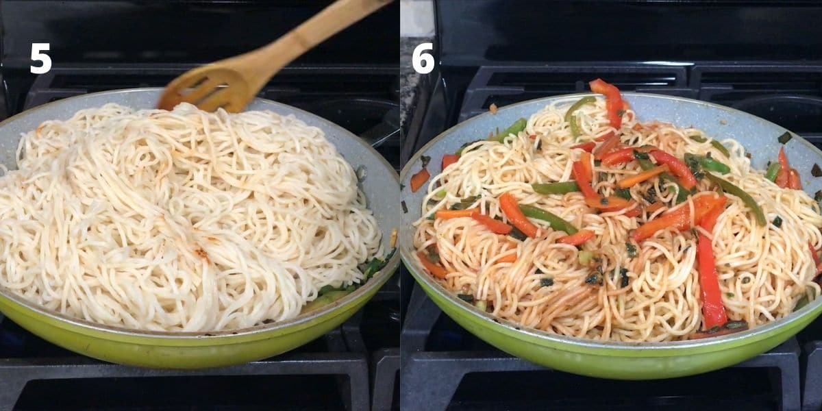 A pan with noodles and vegetables over the medium heat