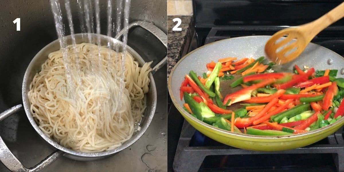 a pan with vegetables for hakka noodles recipe