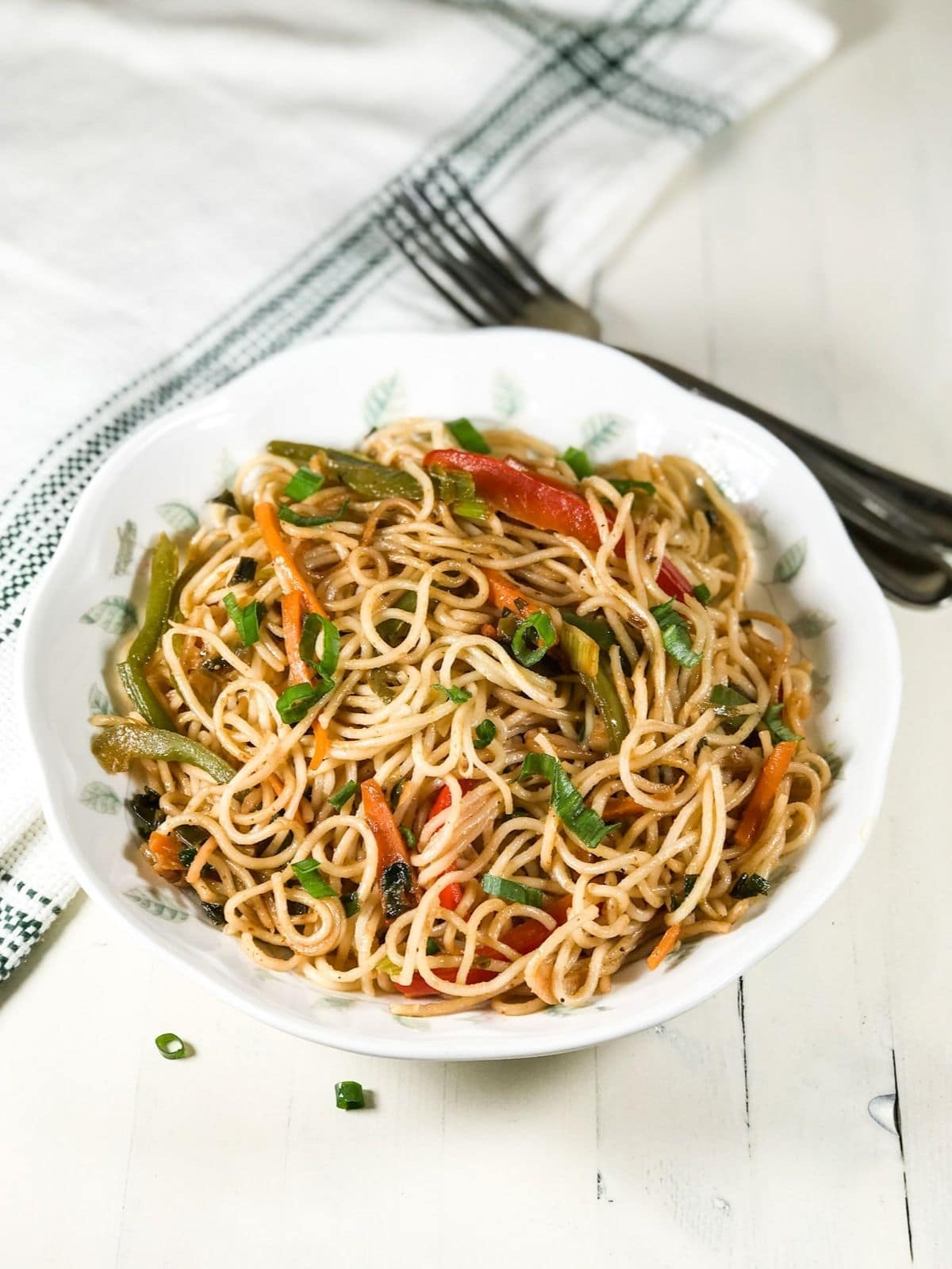 A white plate is filled with noodles and topped with spring onions