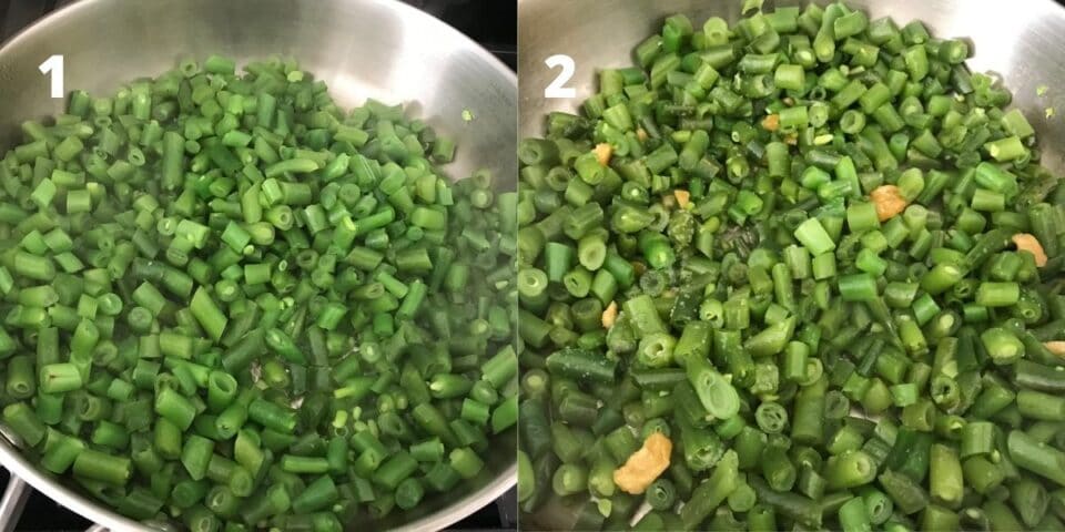 A pan is filled with green beans and salt