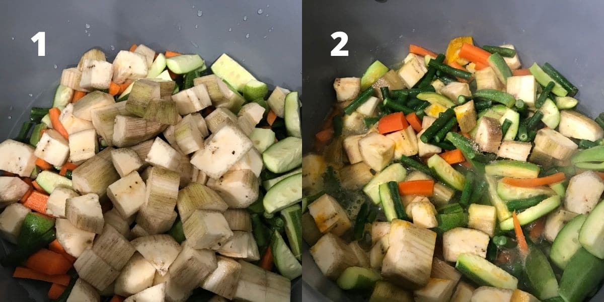 A non stick pot is filled with mixed vegetables and water over the stove top